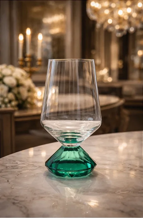 Taça Vidro Base Diamantada Verde 500ml