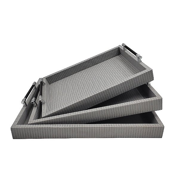 Conjunto 3 Bandejas Couro Sintético Cinza e Preto AL0031