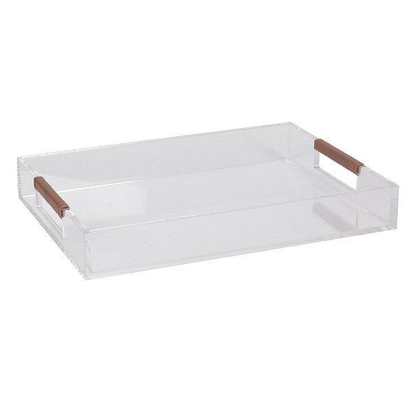 Bandeja Acrílico com Alça Couro Caramelo (35L x 25P x5A) RBO0021