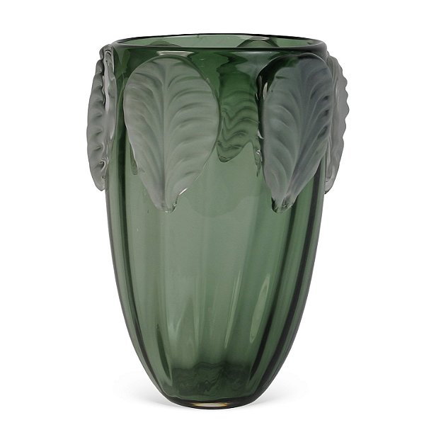 Vaso de Vidro Verde com Detalhe de Folhas (28A x 20D) OE0091
