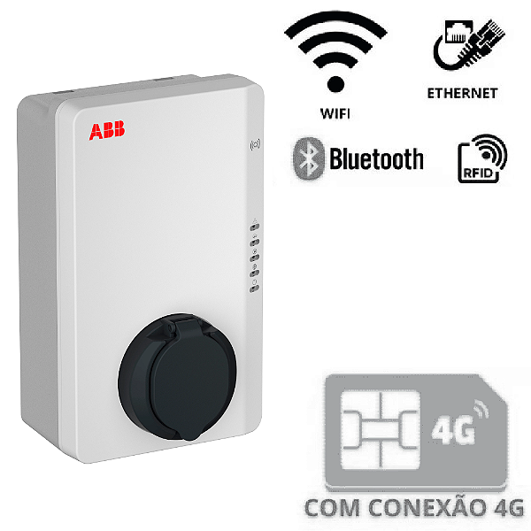 Carregador Terra AC Wall Box 7,4kW, 32A, 230V tipo 2 sem cabo,leitor RFID, 4G TAC-W7-T-R-C-0:ABB6AGC085383 - ABB