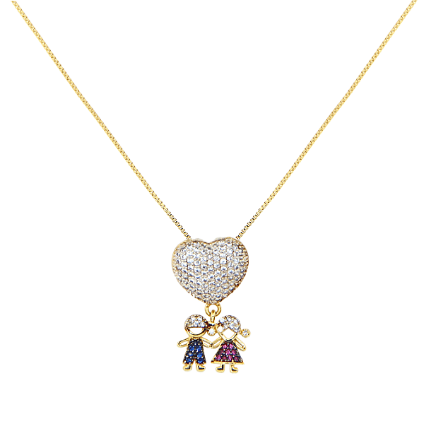 Colar com pingente irmãos folheado a ouro e com zircônias, 50cm