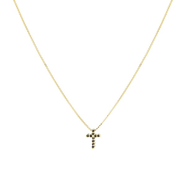 Gargantilha folheada a ouro com cruz cravejada de zircônias pretas, 42cm
