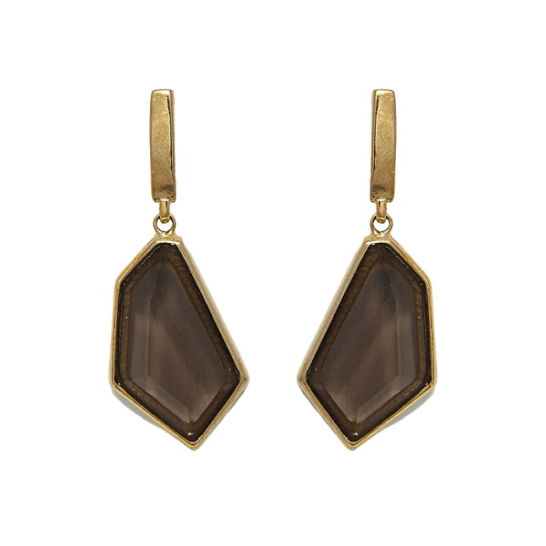 Brinco pedras naturais quartzo fumê facetado folheado a Ouro 18k