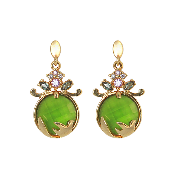 Brinco pedra verde redonda e zircônias coloridas folheado a Ouro 18k