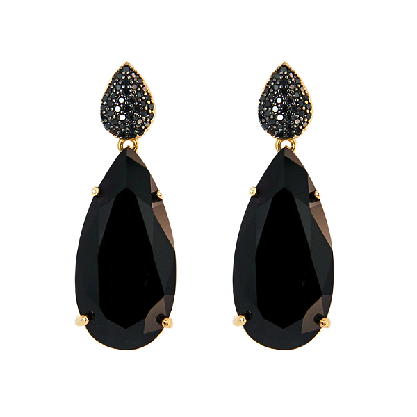 Brinco gota com zirconias negras folheado a Ouro 18k