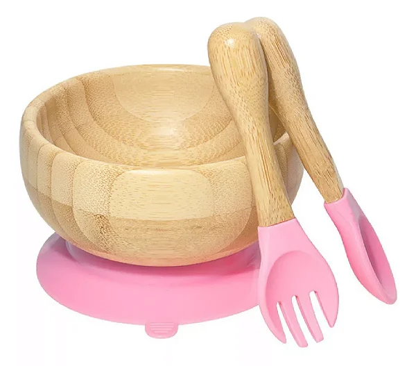 Jogo de bambu, garfo e colher de silicone - Rosa