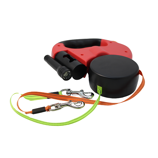 Guia Retrátil com Led e Porta-Saquinhos – P/Dois Cães (até 12 kg cada)