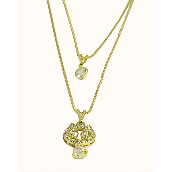 Colar Duplo com Pingente de Gatinho e Coração Folheado Dourado 18580
