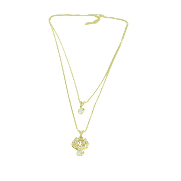 Colar Duplo com Pingente de Gatinho e Coração Folheado Dourado 18580