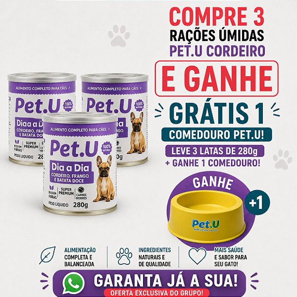 Kit 3 Latas de Ração Úmida para Cão Sabor Cordeiro Super Premium Pet.U