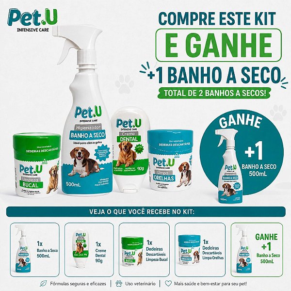 Kit Banho a Seco + Dedal para Higiene Bucal e Orelhas + Creme Dental Pet.U