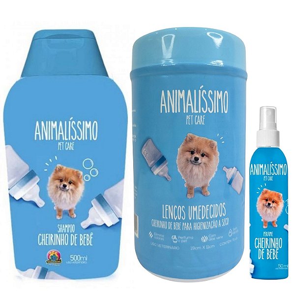 Kit Shampoo Lenço Umedecido E Perfume Cães Cheirinho De Bebê
