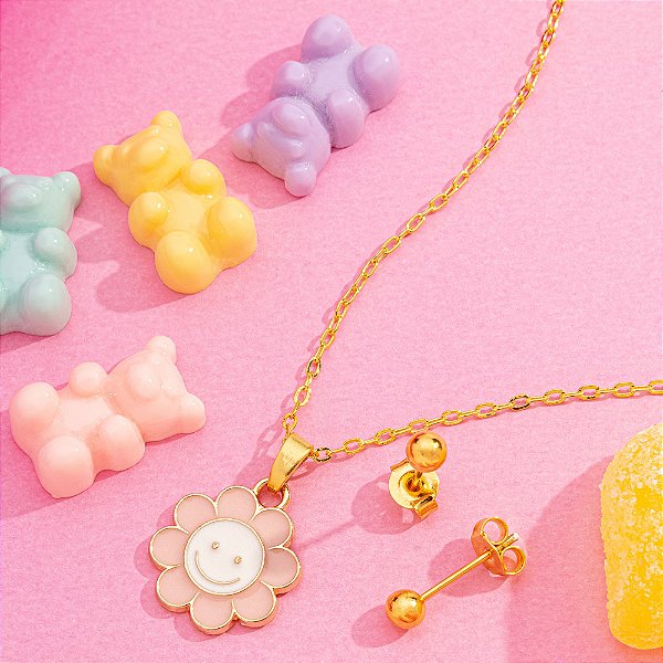 Conjunto Infantil flor rosa em banho de ouro CJI 00001