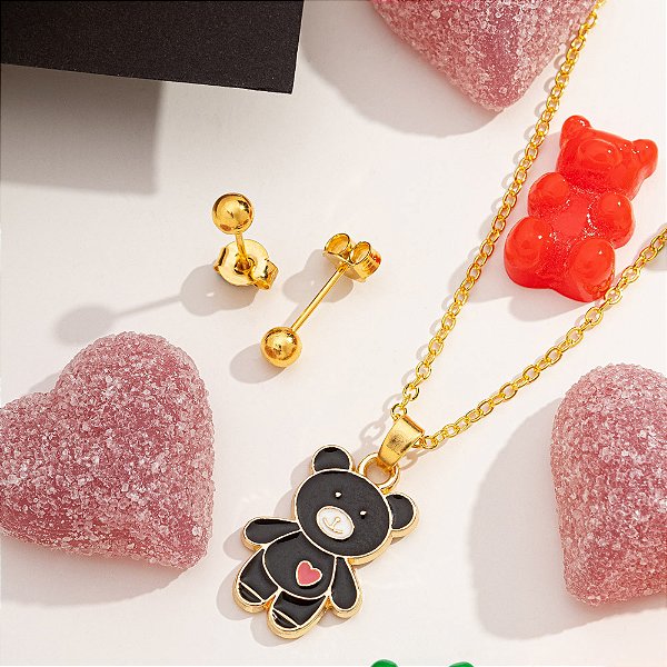 Conjunto infantil urso preto em banho de ouro CJI 00007