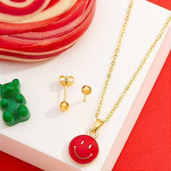 Conjunto infantil carinha vermelha em banho de ouro CJI 00010