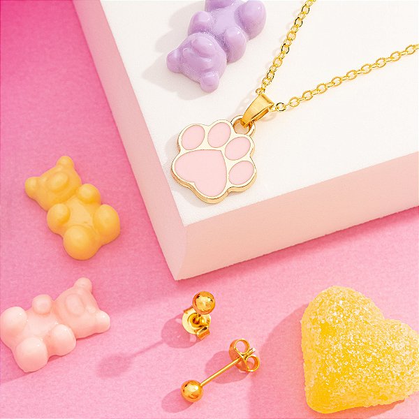 Conjunto infantil patinha rosa em banho de ouro CJI 00013