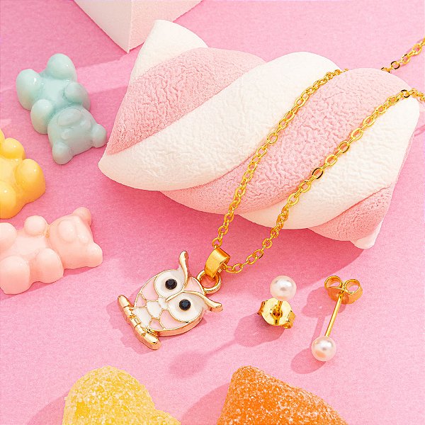 Conjunto Infantil coruja rosa banhado a ouro CJI 00014