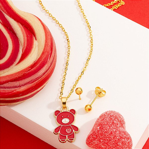 Conjunto Infantil urso vermelho em banho de ouro CJI 00033