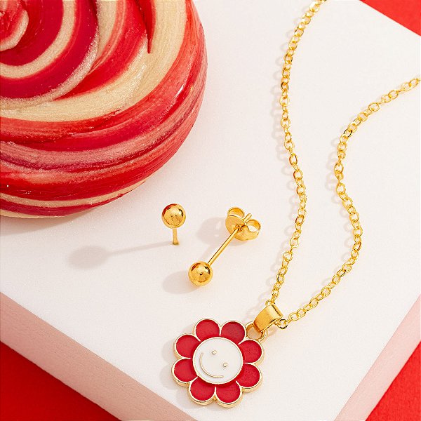 Conjunto Infantil flor vermelha banhado a ouro CJI 00034