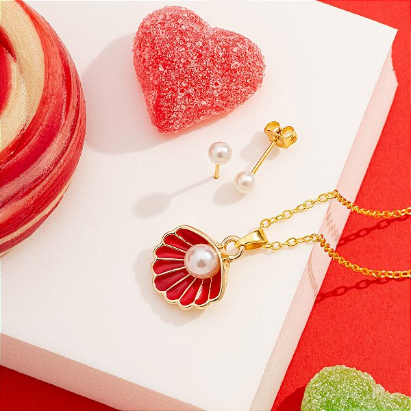 Conjunto infantil cancha vermelha em banho de ouro CJI 00037