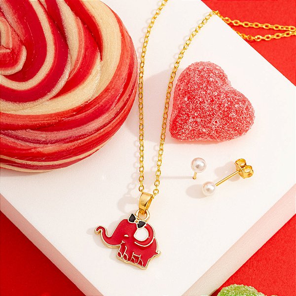 Conjunto infantil Elefantinho vermelho banhado a ouro CJI00038