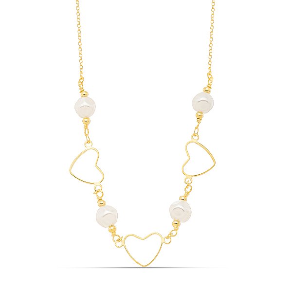 Choker pérola com coração vazado dourado CL00016