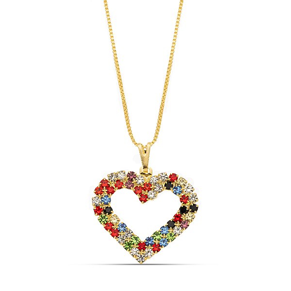 Colar coraçao strass colorido CL 00020