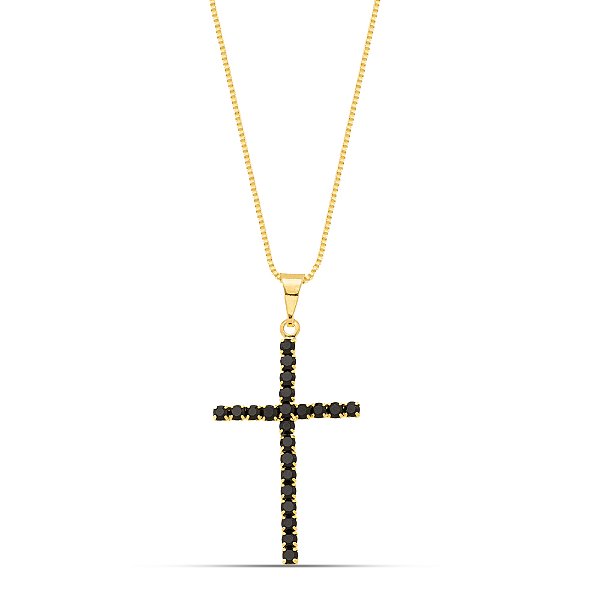 Colar cruz de strass preto em banho de ouro CL 00021