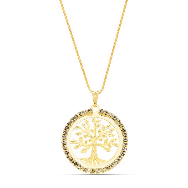 Colar arvore da vida strass em banho de ouro CL 00024