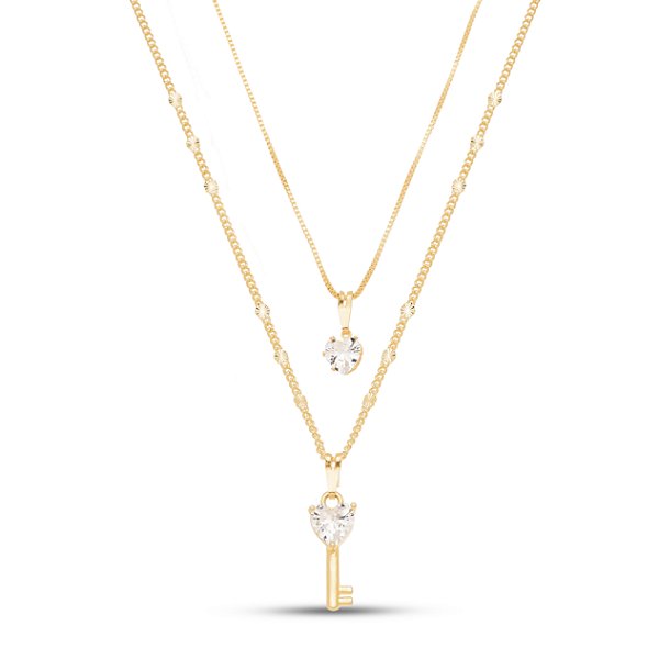 Colar duplo chave coração em banho de ouro CL 00053