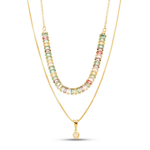 Colar duplo zircônia baguete em banho de ouro CL 00056