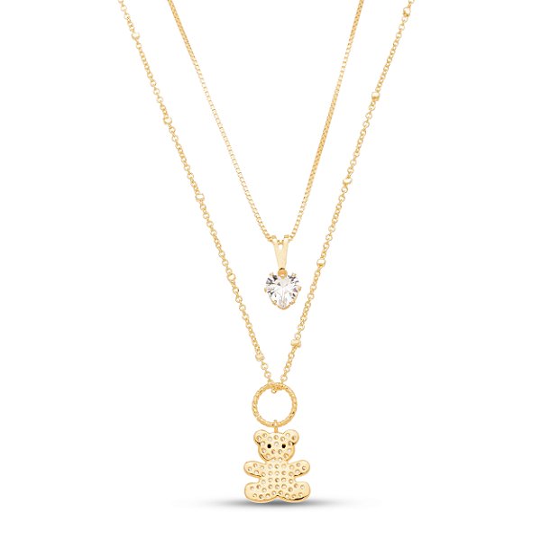 Colar duplo urso e coração banhado a ouro CL 00058