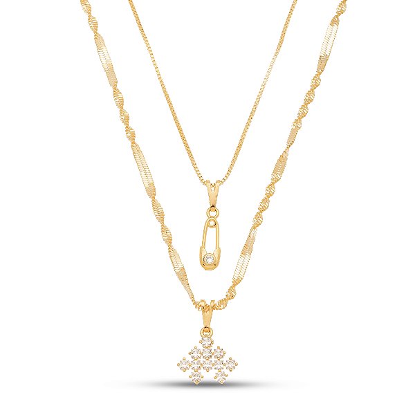 Colar duplo strass banhado  a ouro CL 00059