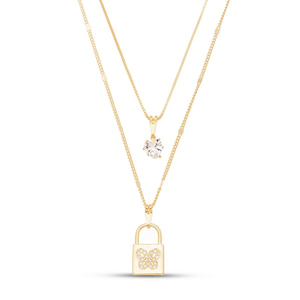 Colar duplo cadeado com borboleta em banho de ouro CL 00063