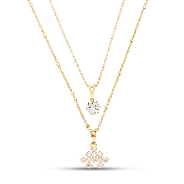 Colar duplo  strass e coração banhado  a ouro CL 00065