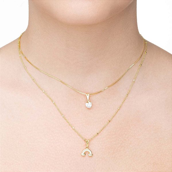 Colar duplo arco íris em banho de ouro CL 00067