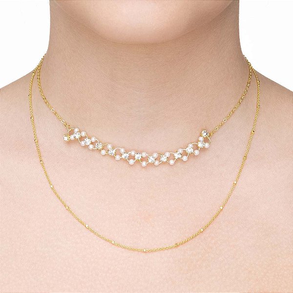 Colar duplo pérola em banho de ouro CL 00069