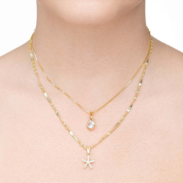 Colar duplo flor baguete em banho de ouro CL 00070