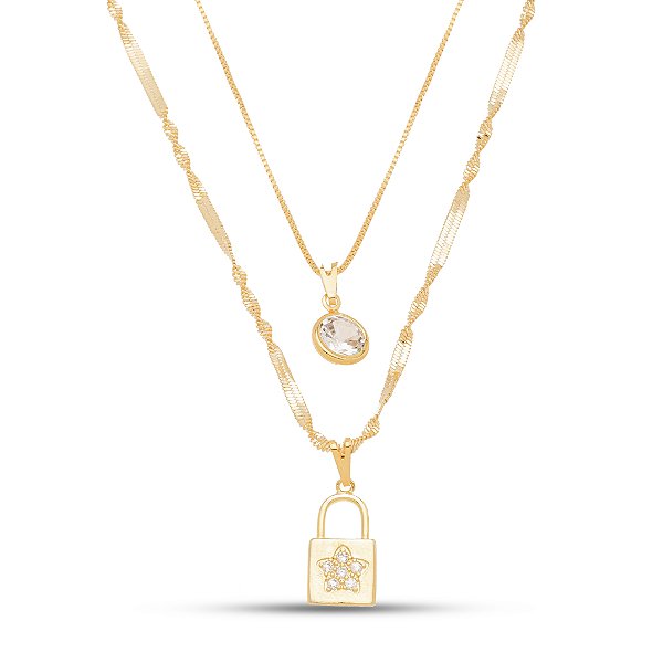 Colar duplo cadeado estrela em banho de ouro CL 00075