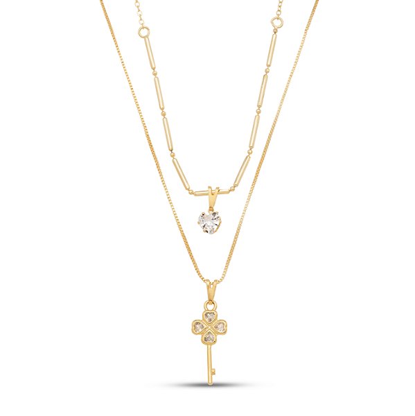 Colar duplo chave trevo em banho de ouro CL 00076