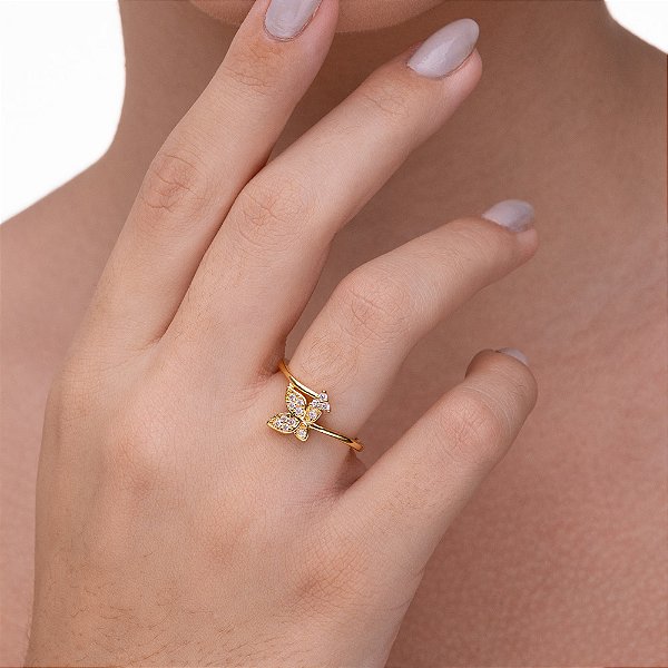 Anel Borboleta Cravejada com Aro Curvado