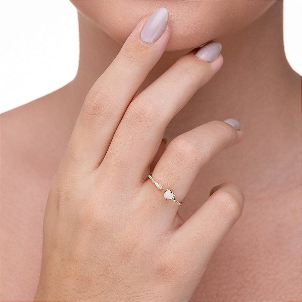 Anel Aberto Coração Madrepérola e Zircônias