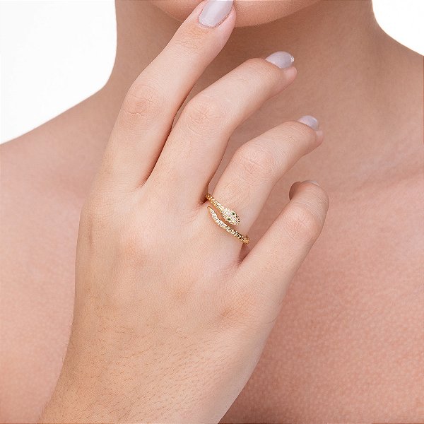 Anel Aberto Serpente Cravejada folheado a ouro