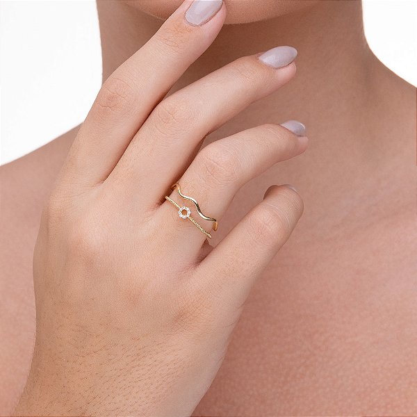 Anel Aberto Aro Duplo com Círculo Cravejado folheado a ouro