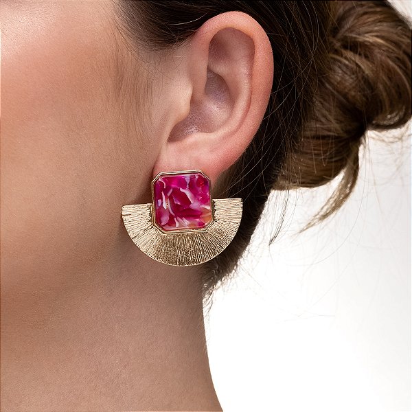 Brinco Botão Leque Texturizado e Resina