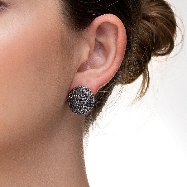 Brinco Botão Esfera Pavê Grafite Bijuterias