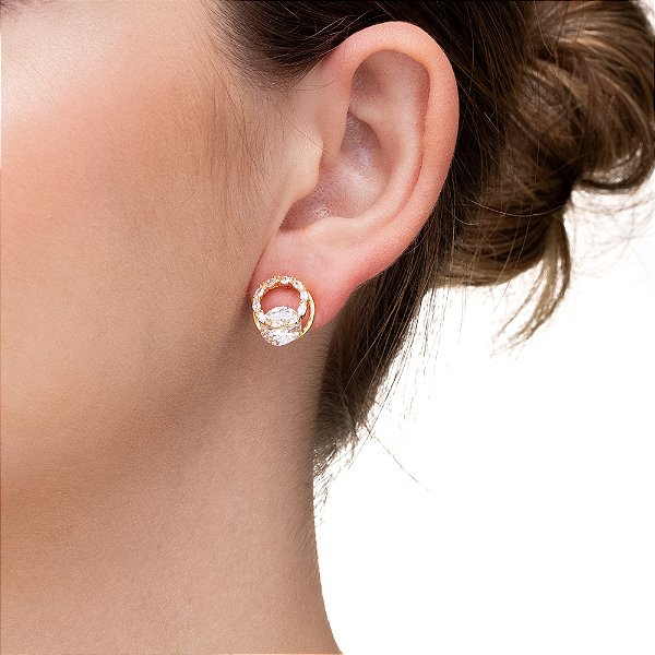 Brinco Solitário com Halo Radiante Folheado a Ouro