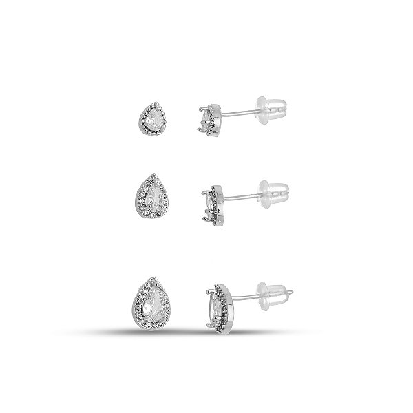 Trio de Brincos Gotas Luxo em Ródio