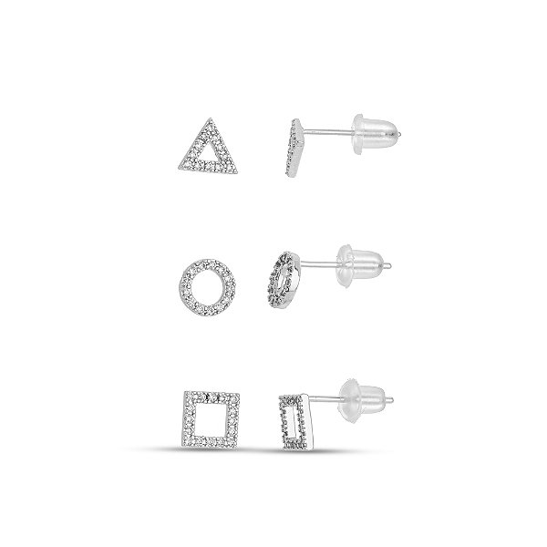 Trio de Brincos Geométricos Vazados em Ródio